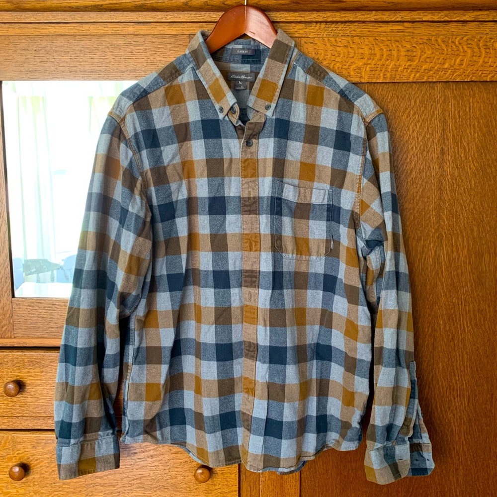 Eddie Bauer Blue and Brown Plaid Button Down Shirt